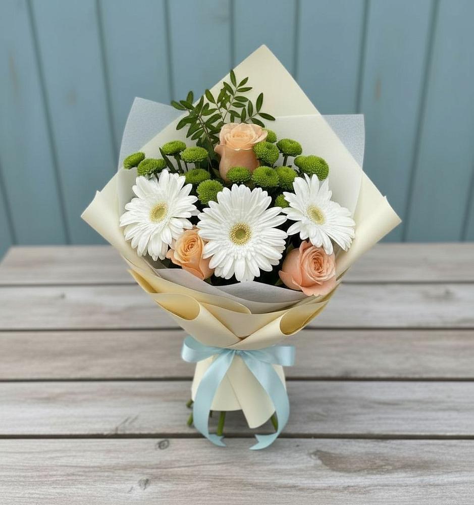 Букет герберы и розы в Акбулаке Букет цветов из: Герберы, Розы и Хризантемы в Акбулаке