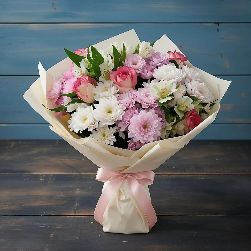 Букет цветов из: Хризантемы, Альстромерии и Розы в Акбулаке